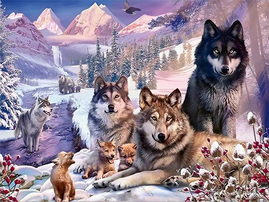 AB Diamond Painting - Full Round - Snow Mountain Wolf Pack Tribe (40*65cm)