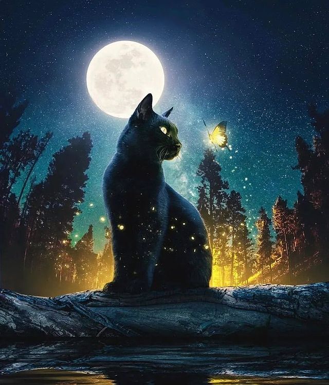 AB Diamond Painting - Full Round - Cat under the moon (40*46cm)