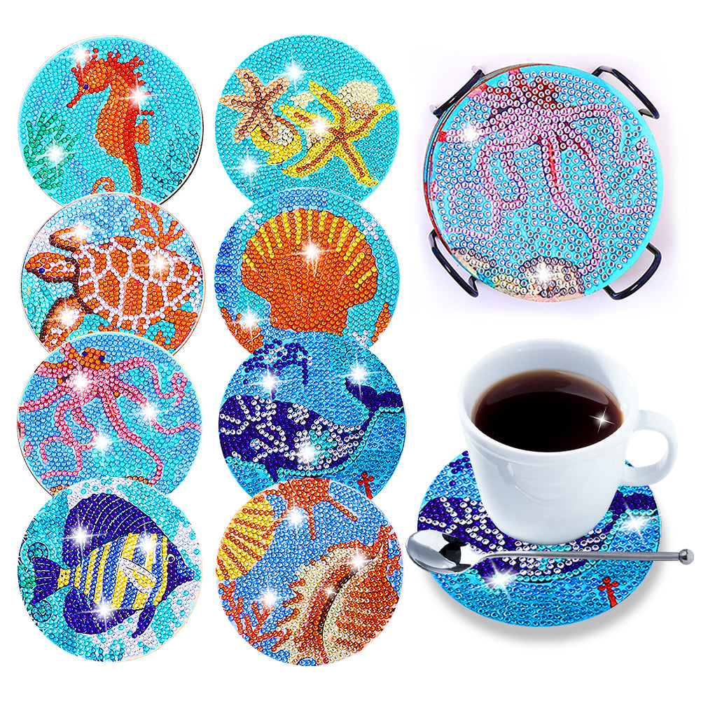 8pcs DIY Coaster Diamond Painting Cup Cushion with Rack Home Decor (AA1136)