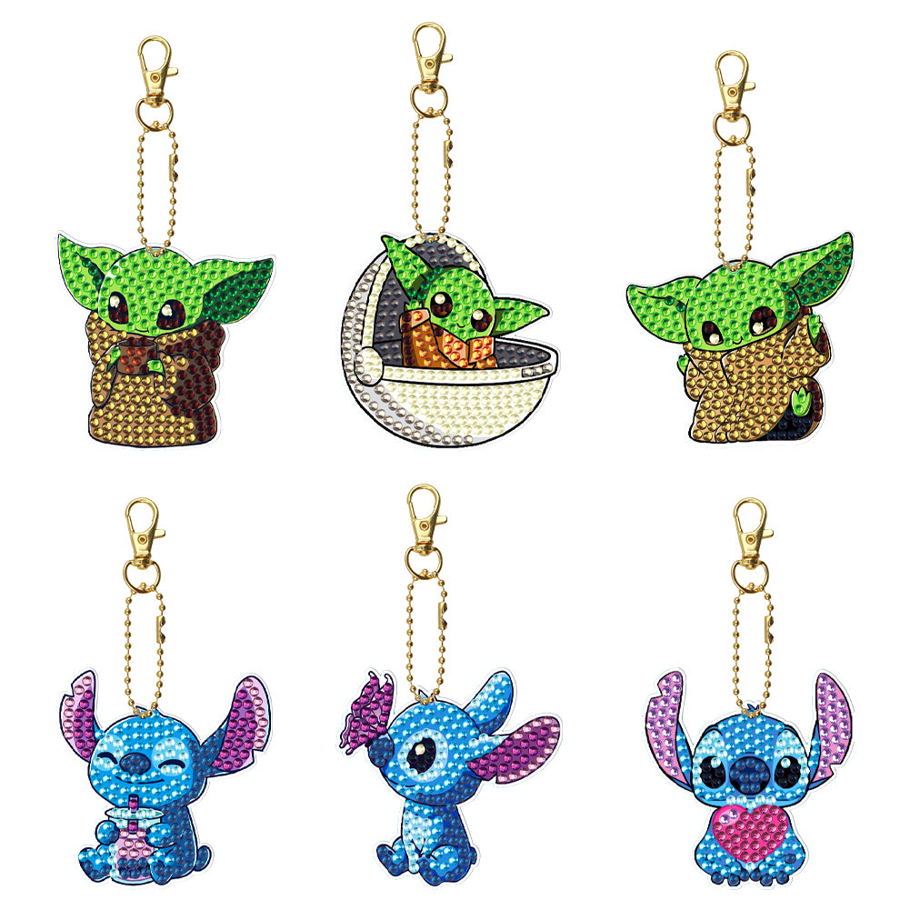 6pcs DIY Double Sided Handmade Diamond Keychains Yoda Stitzer for Gifts (YS120)