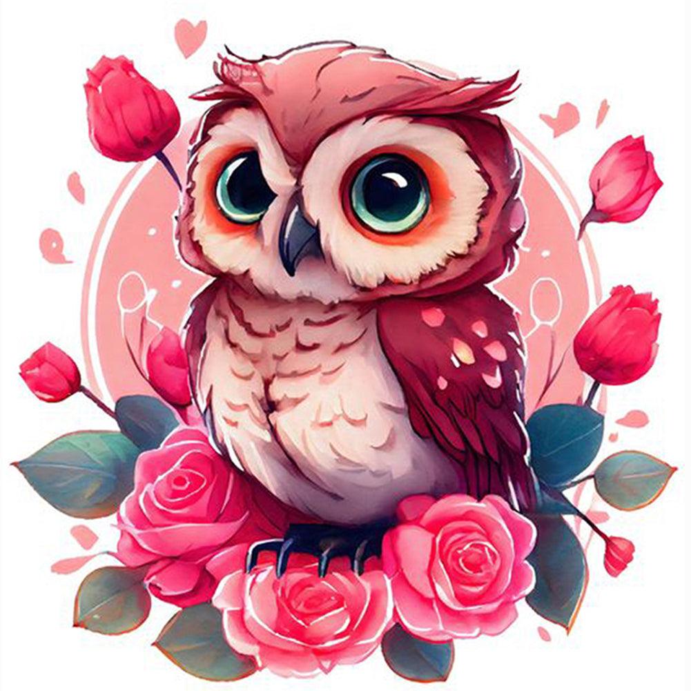 Diamond Painting - Full Round - pink flower owl (30*30CM)
