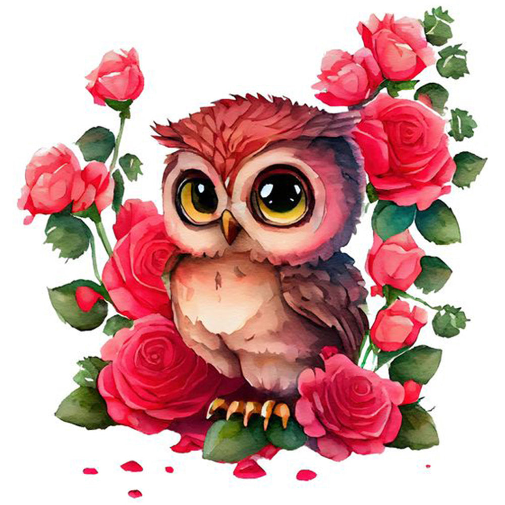 Diamond Painting - Full Round - pink flower owl (30*30CM)