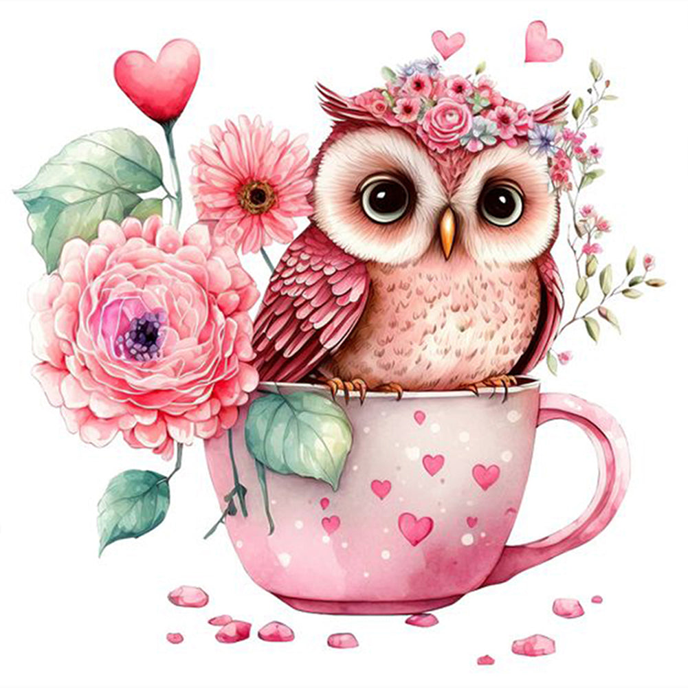Diamond Painting - Full Round - pink flower owl (30*30CM)