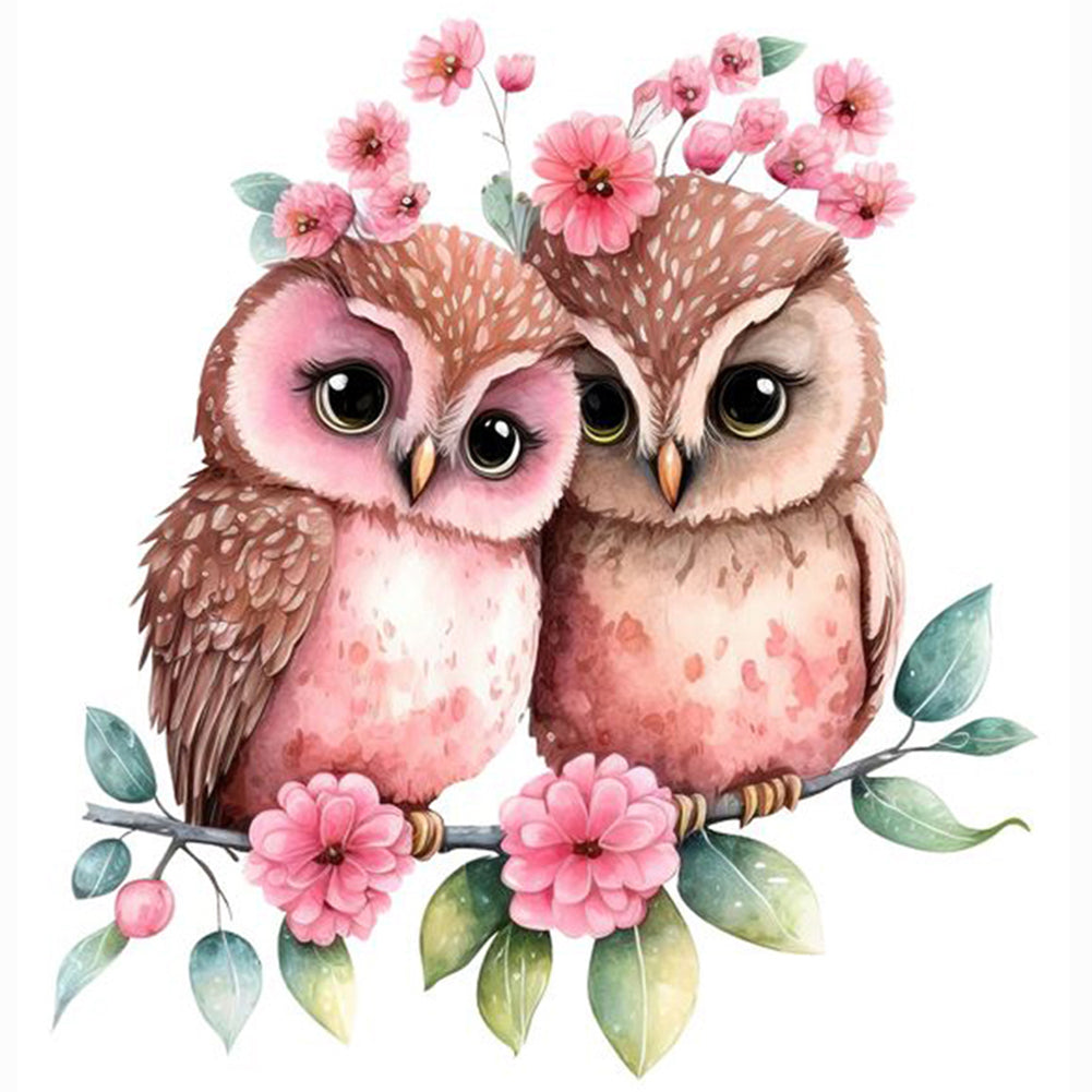 Diamond Painting - Full Round - pink flower owl (30*30CM)