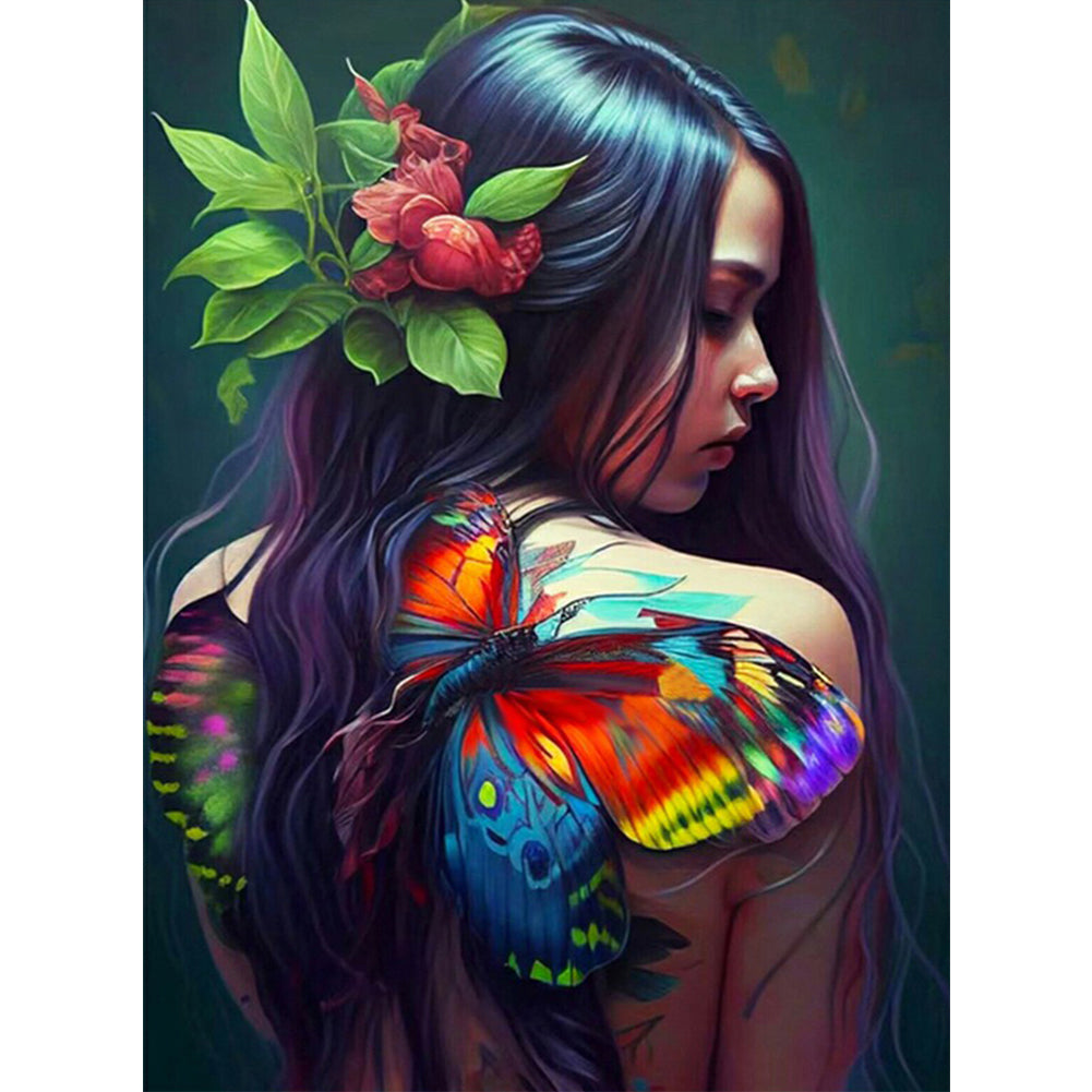 Diamond Painting - Full Round - personality girl flowers and birds back (30*40CM)