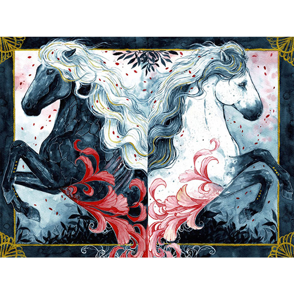 Diamond Painting - Full Round - black horse white horse (40*30CM)