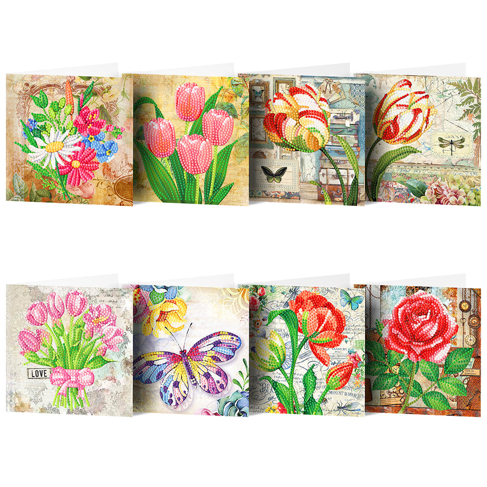 8pcs Flower Diamond Painting Greeting Card Includes Envelope DIY Postcards