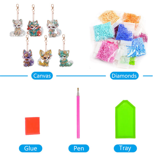 6pcs Fox Diamond Art Keychains DIY Gem Keychains Point Drill Key Ring (GJ035)