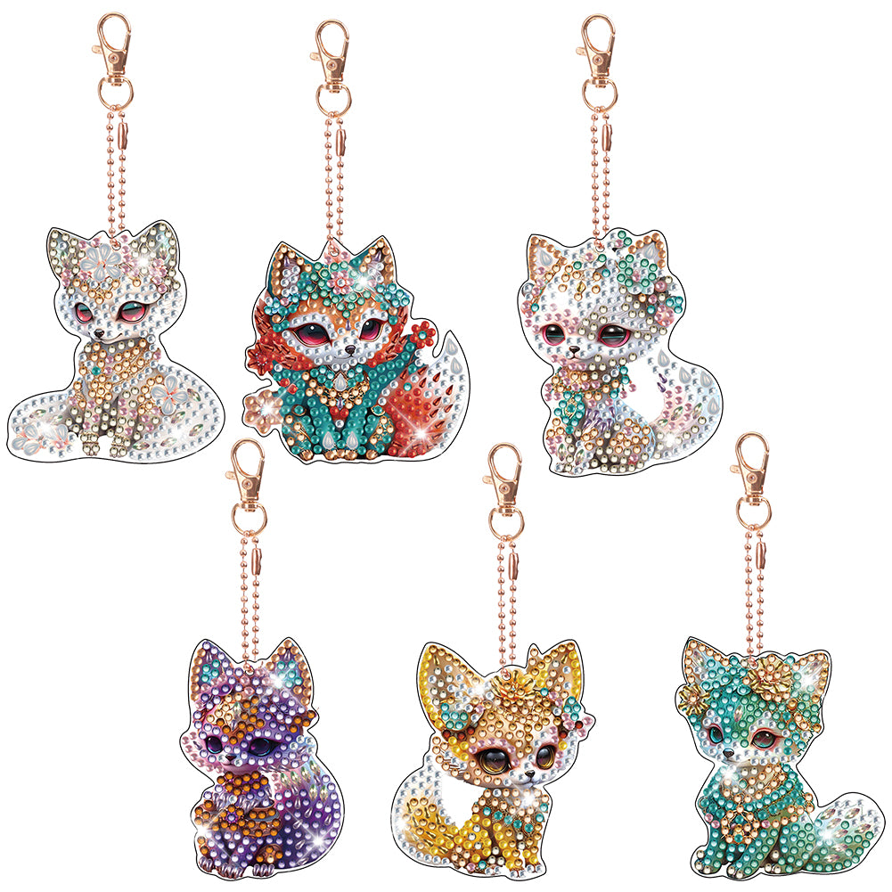 6pcs Fox Diamond Art Keychains DIY Gem Keychains Point Drill Key Ring (GJ035)