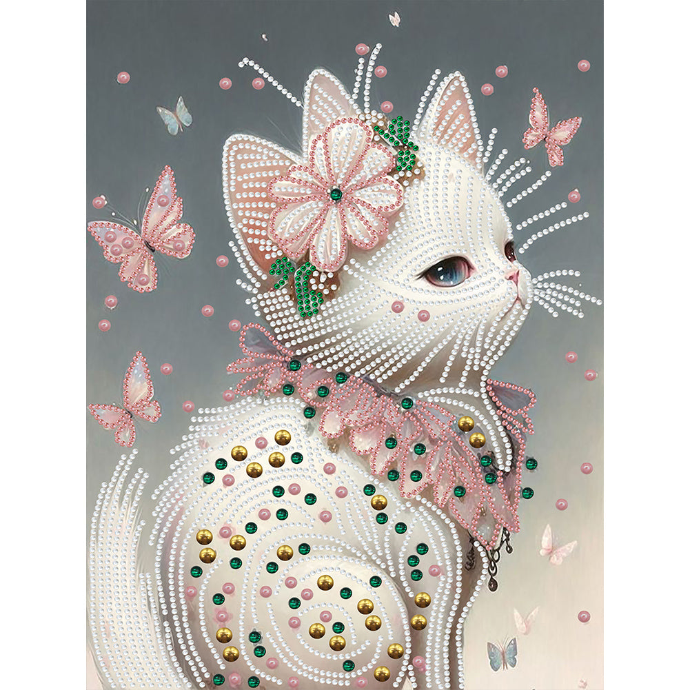 Diamond Painting - Partial Special Shaped - white butterfly cat (30*40CM)