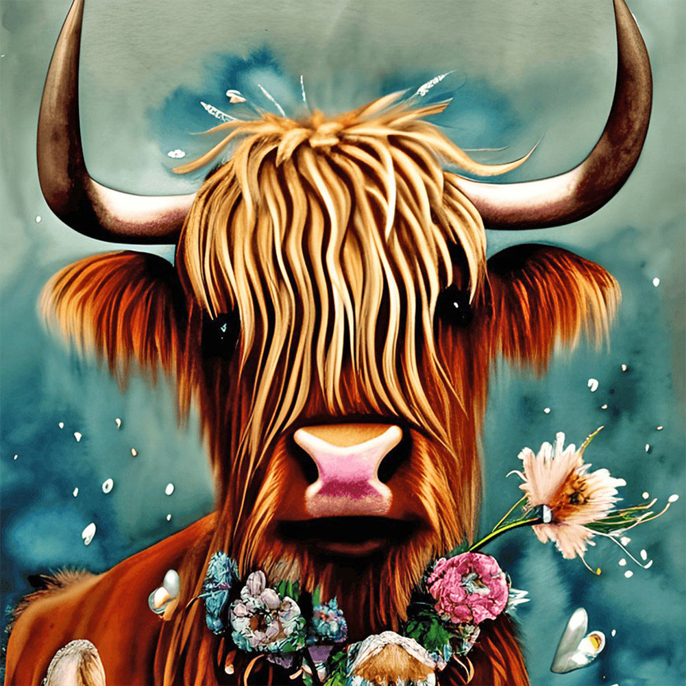 Diamond Painting - Full Round - Scottish highland cow shell cartoon with flowers (30*30CM)