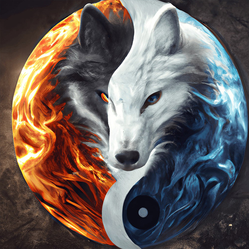 Diamond Painting - Full Round - Yin Yang symbol with ice and fire and two wolves (30*30CM)