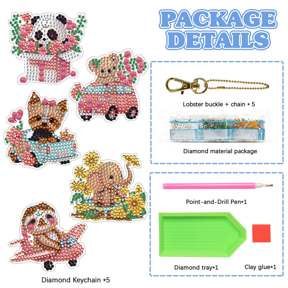 5pcs Diamond Art Key Rings Animal 5D DIY for Beginners Home Decor (Q022)