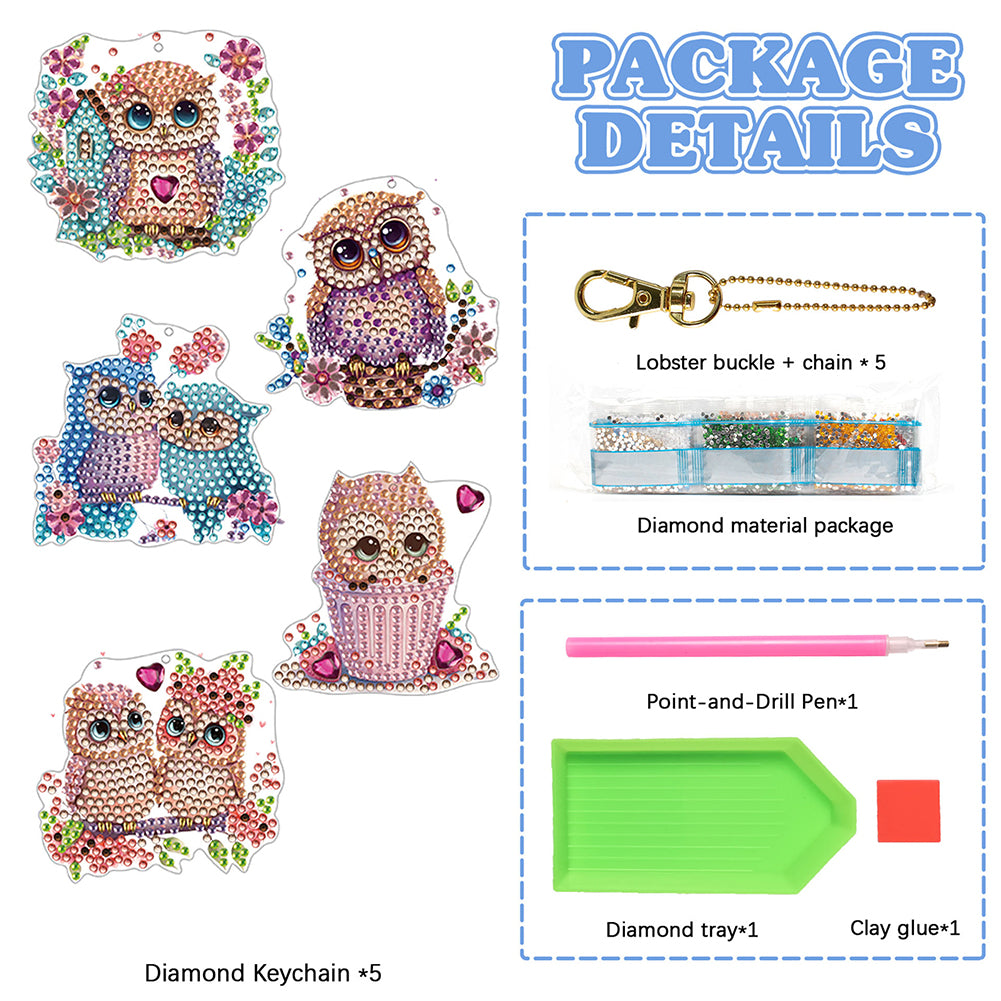 5pcs Diamond Art Key Rings Animal 5D DIY for Beginners Home Decor (Q023)