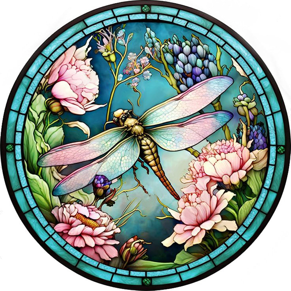 Diamond Painting - Full Round - Round Glass Art Dragonfly (35*35CM)