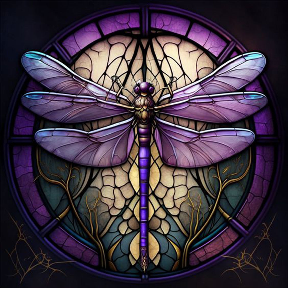 Diamond Painting - Full Round - Round Glass Art Dragonfly (35*35CM)