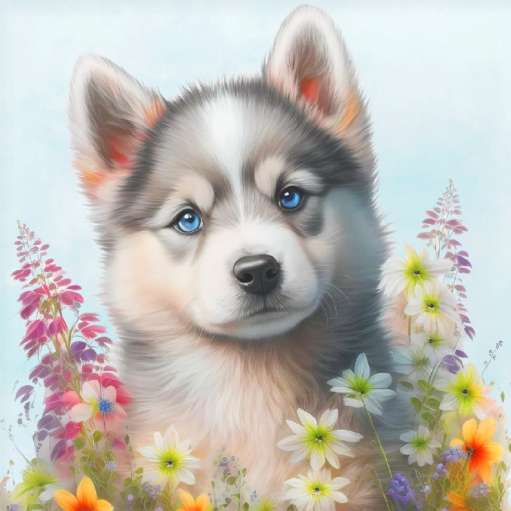 Diamond Painting - Full Round - The cute dog in the flowers (30*30CM)