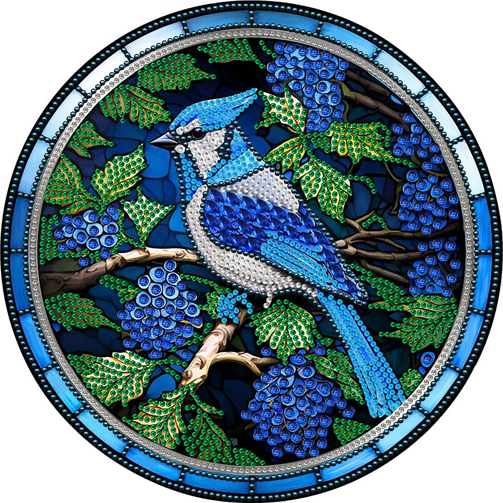 Diamond Painting - Partial Special Shaped - round plate glass art blue bird (30*30CM)