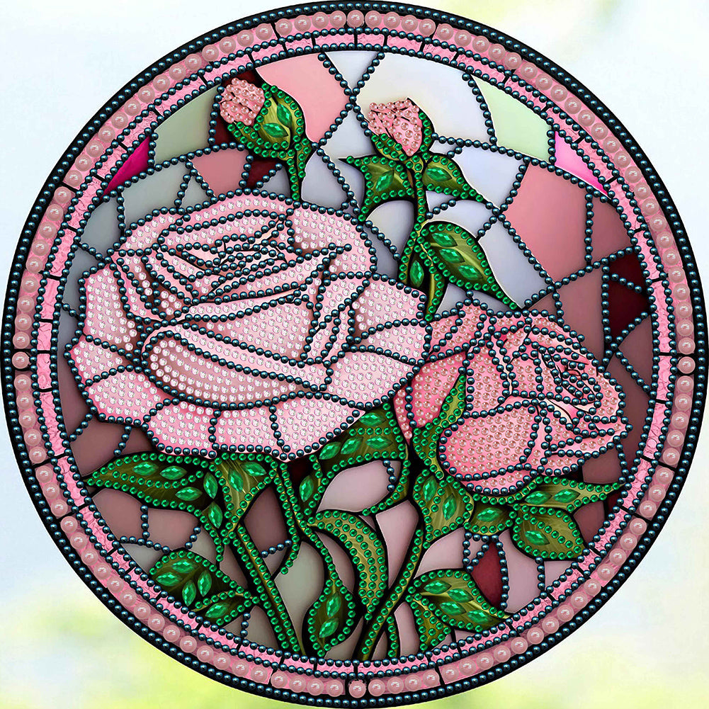 Diamond Painting - Partial Special Shaped - round plate glass art pink rose (30*30CM)
