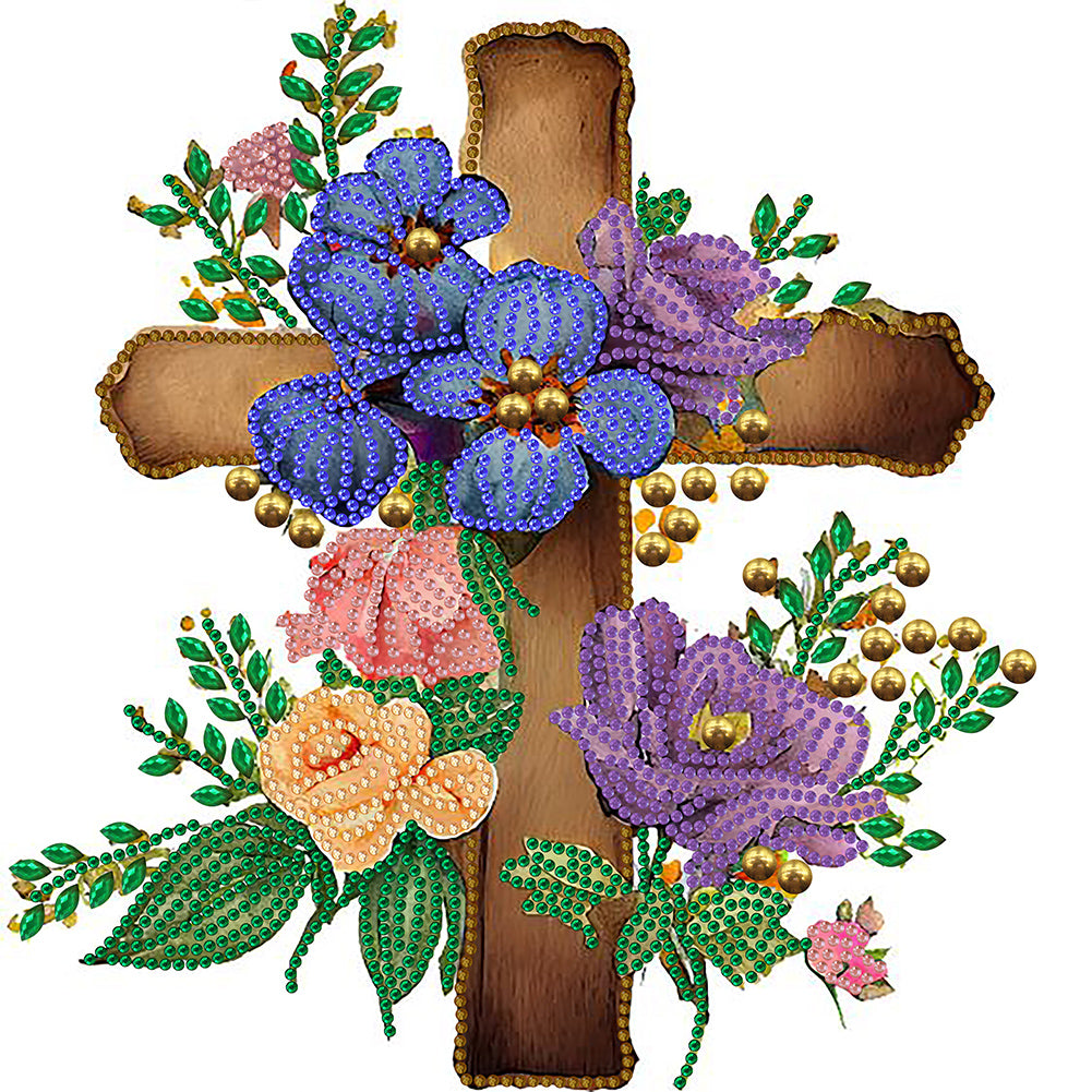 Diamond Painting - Partial Special Shaped - cross with flowers (30*30CM)