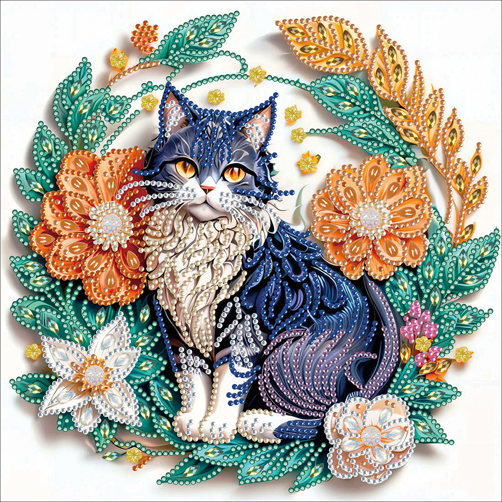 Diamond Painting - Partial Special Shaped - paper flower black and blue cat (30*30CM)