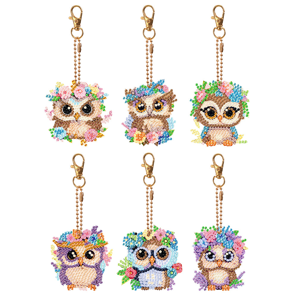 DIY Diamond Art Key Rings Double Sided 6pcs Owl Flower for Kids Adult Home Party