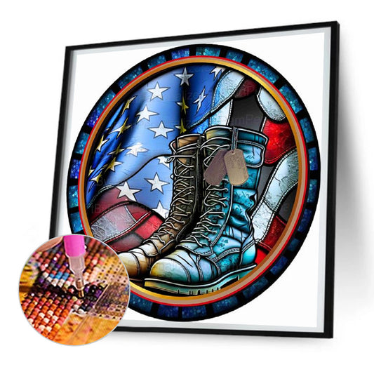 Diamond Painting - Full Round - Round plate glass art military boots (30*30CM)