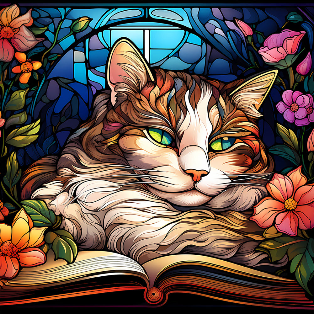 Diamond Painting - Full Round - cat reading a book glass art (30*30CM)