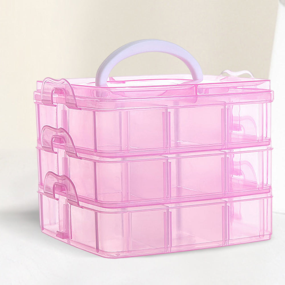 3-Tier Container Case 18 Grids for Craft Storage and Organization (Pink)