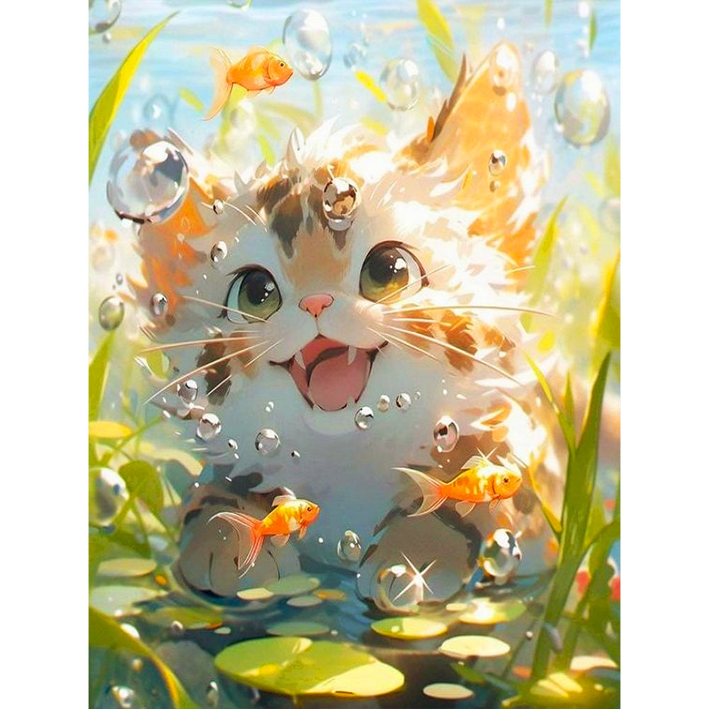 Diamond Painting - Full Round -Cat Watching Fish at the Bottom of the River (30*40CM)