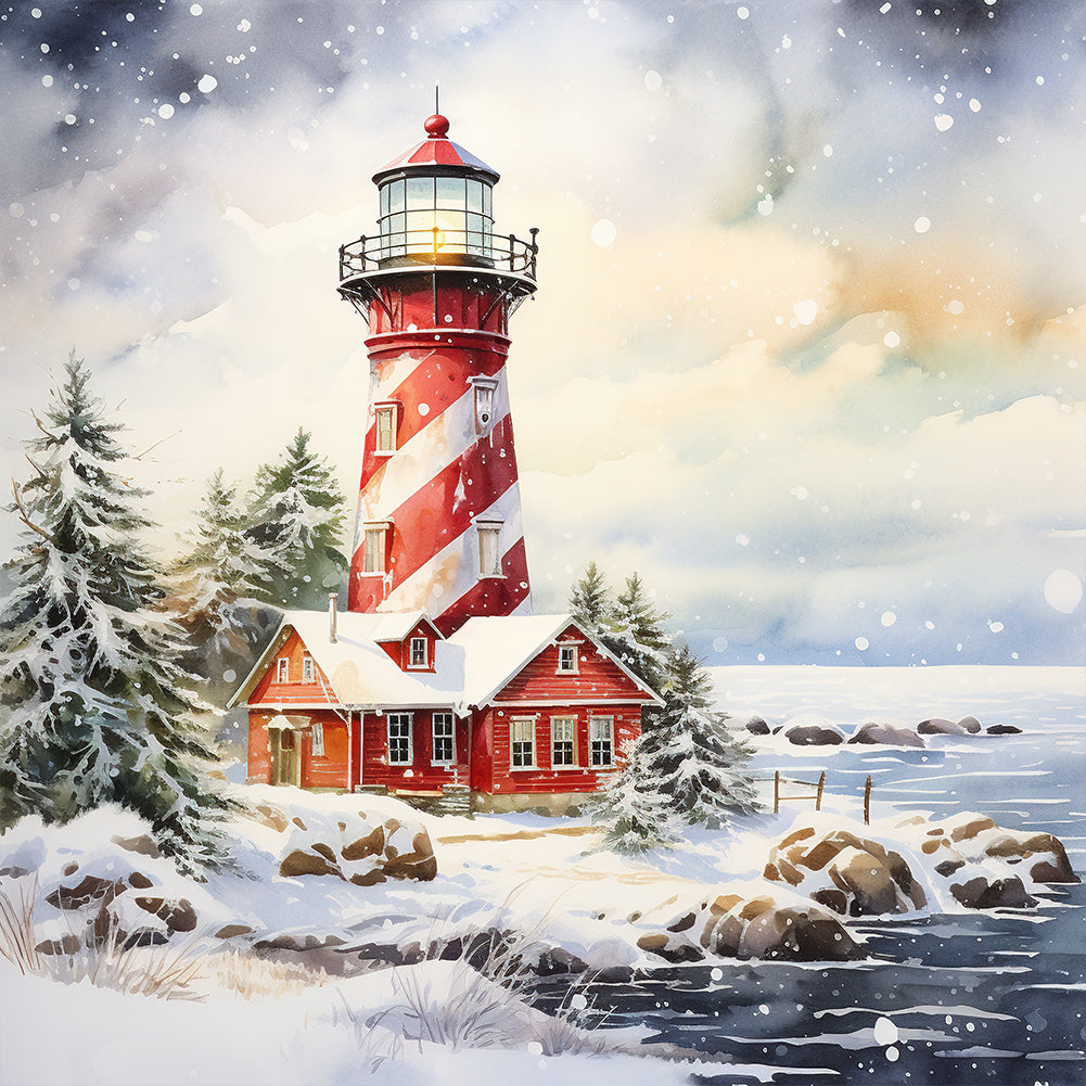 Diamond Painting - Full Round -Christmas winter snowflake lighthouse (30*30CM)