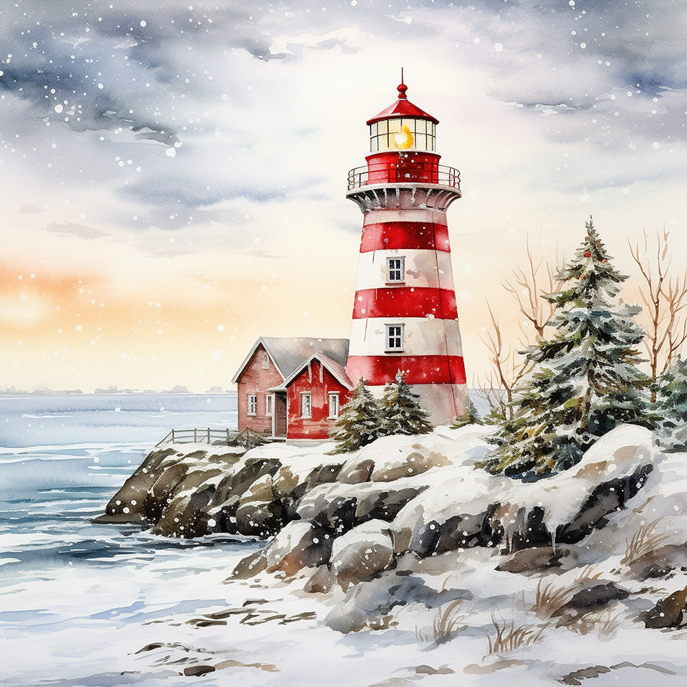Diamond Painting - Full Round -Christmas winter snowflake lighthouse (30*30CM)