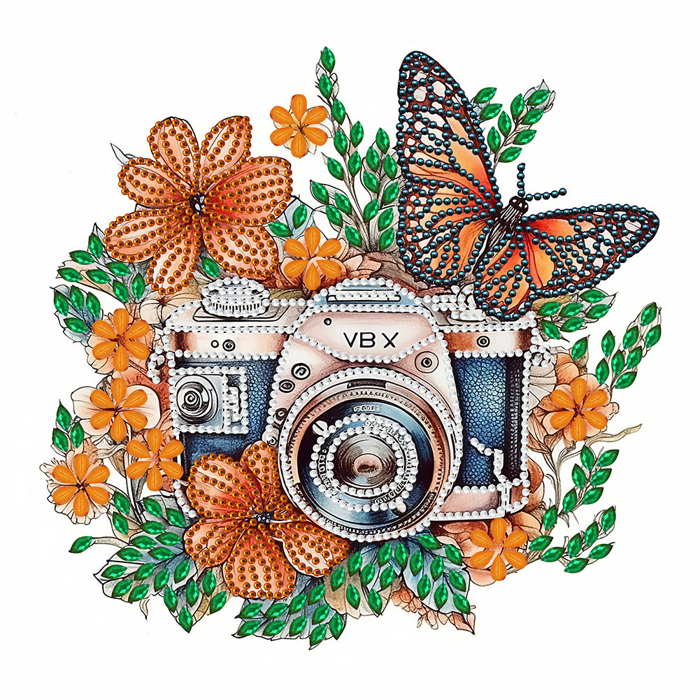 Diamond Painting - Partial Special Shaped - butterfly flower nostalgic camera (30*30CM)