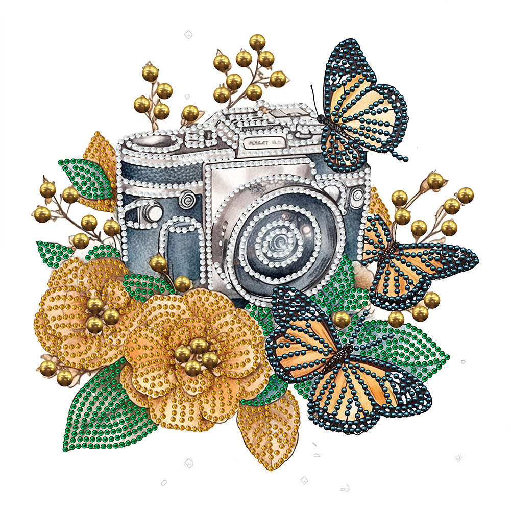 Diamond Painting - Partial Special Shaped - butterfly flower nostalgic camera (30*30CM)