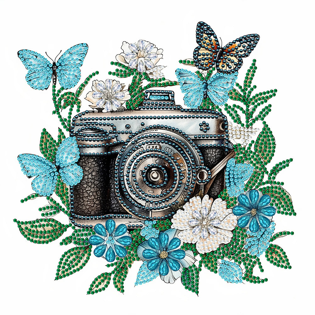 Diamond Painting - Partial Special Shaped - butterfly flower nostalgic camera (30*30CM)