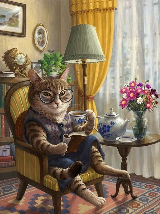 AB Diamond Painting - Full Round - Cat With Smell Of Books (40*50cm)