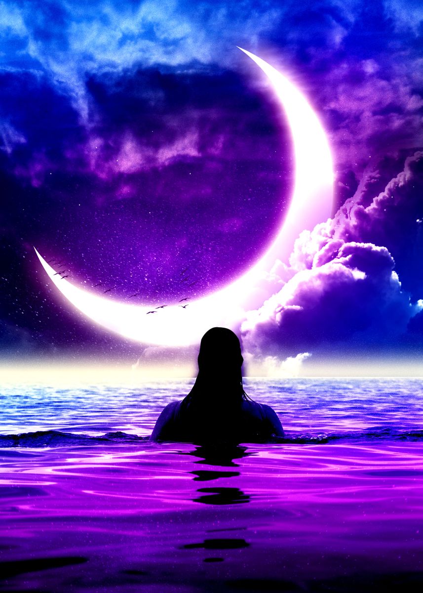 Diamond Painting - Full Round - seaside scenery moon and girl (30*40CM)