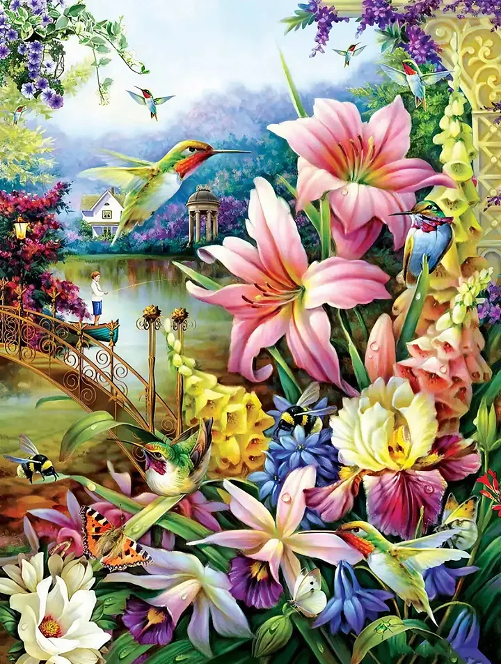 AB Diamond Painting - Full Round - Hummingbird With Flowers (40*50cm)