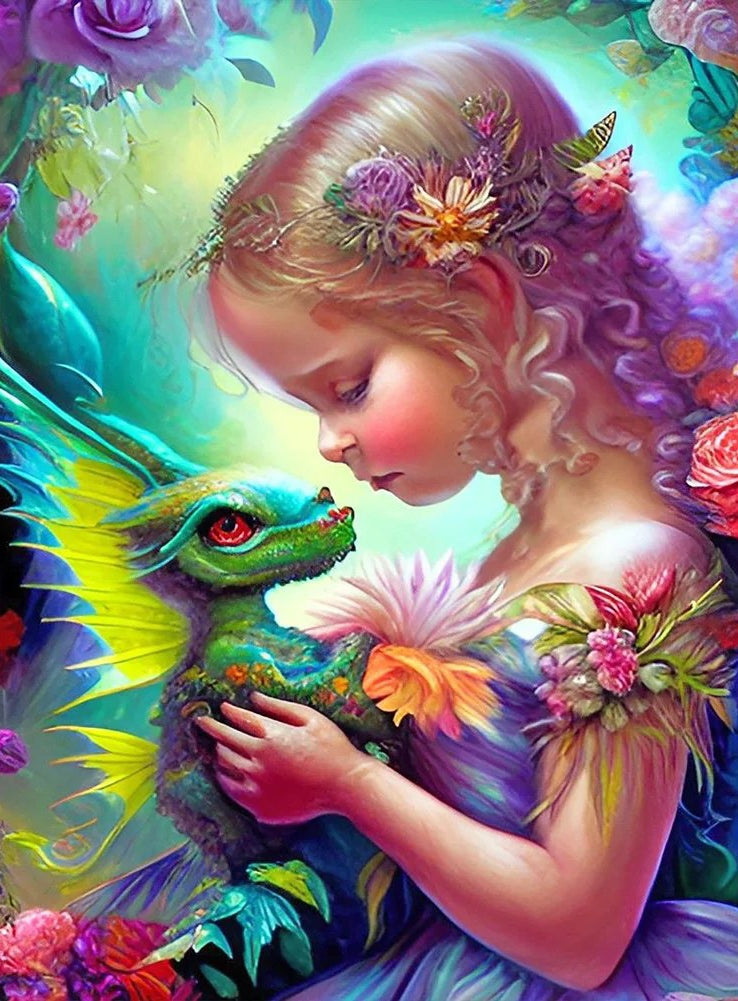 AB Diamond Painting - Full Round - Girl And Dragon (40*55CM)